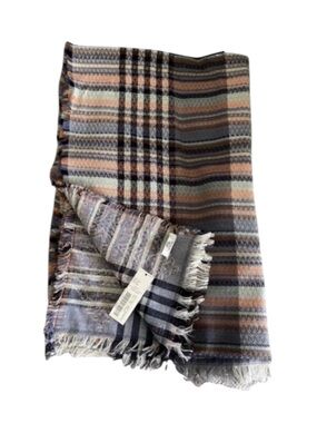 NEW Anna & Ava Plaid Oblong Scarf Cotton Blend Wrap Navy Blue Gray Orange